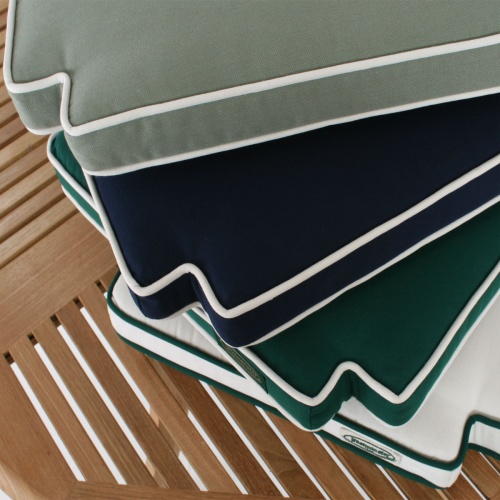Image of 71021MTO armchair cushion in stone green, navy blue, forest green, Canvas color cushions on top of each other