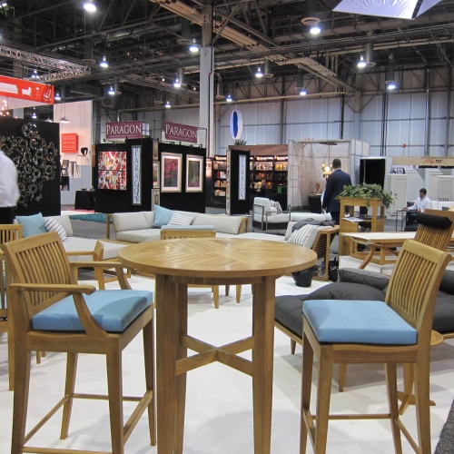 71910LM Laguna Side Chair or Barstool seat cushion on 2 Laguna barstools side view at a design trade show
