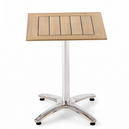 BRADLEY4 teak wood table top and stainless steel base side angled view on white background