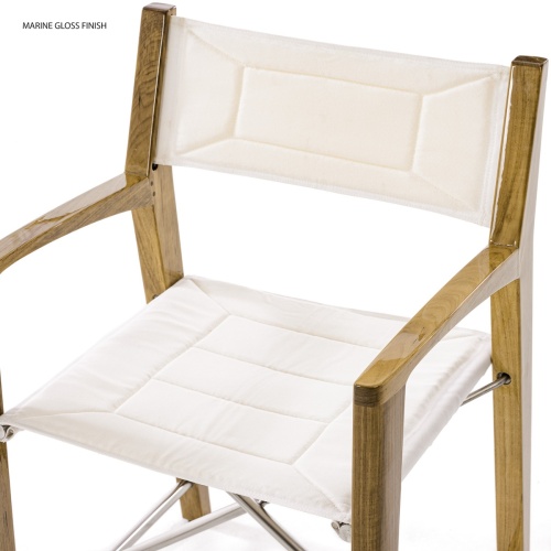 12915F Odyssey Teak Director Chair in marine gloss finish facing front left side angled closeup view of chair seat and back on white background