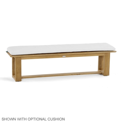  13909 Horizon teak 6 foot long Backless Bench angled view showing optional canvas color cushion on white background on white background