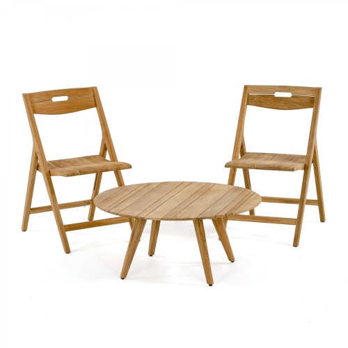 14917 Surf Teak Coffee Table angled view on white background with two surf folding chairs in background
