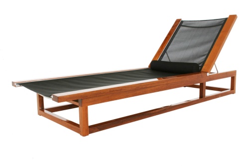 16771 Maya teak Chaise Lounger in black Textilene mesh fabric and bolster cushion side angle view back rest upright in our marine gloss finish on a white background 