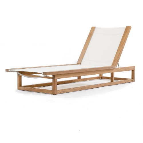 16771dp Maya teak Sling Lounger in white textilene mesh a close up view of adjustable back rest on white background