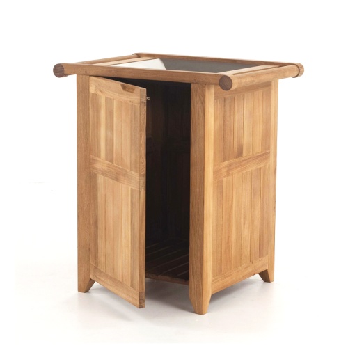 18166RF Palazzo II Teak Trash or Towel Receptacles refurbished side angled view with door open on white background