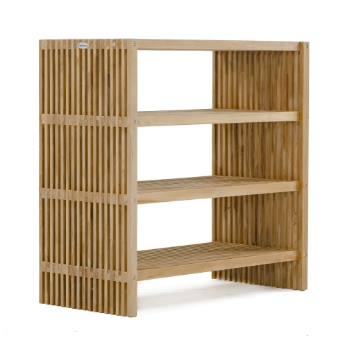 18220 Teak 31 and half inch Storage Shelf angled view with 3 shelves on white background