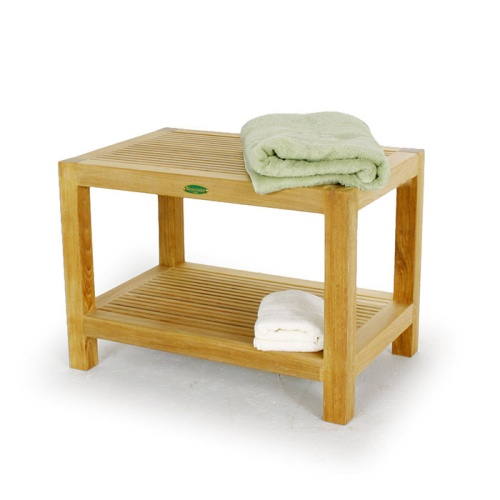 18627 teak shower bench with shelf angled with two folded towels on each shelf on white background