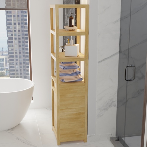 18815F Pacifica Linen Tower with Shelves and a Tilt Out Bin in side view on bathroom tiled floor behind a soaking tub against a wall next to a shower in background