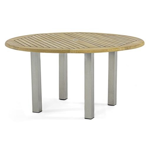 25014RF Vogue teak and stainless steel 5 foot Round Table side view on white background