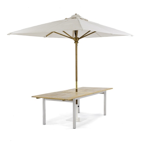 25077 Vogue Extension Table angled view with optional rectangular canvas color umbrella in table on white background