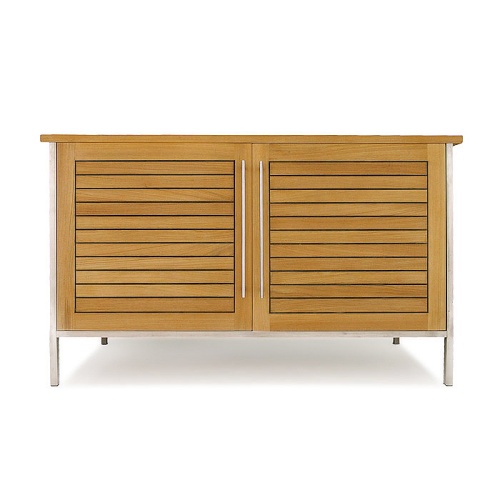 28225RF Vogue teak and stainless steel Sideboard front view of sideboard doors on white background