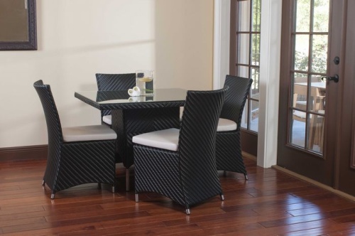 29002BKDP Valencia Black Side Chair with seat cushion with dining set on wood floors with candle holder on table wall mirror and french doors to outside