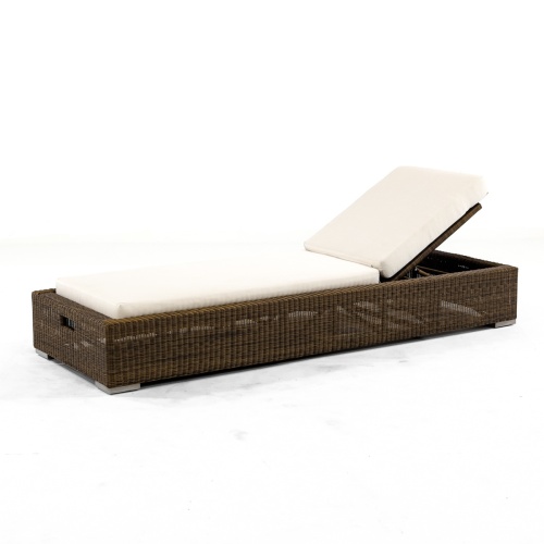 30002dp Malaga synthetic wicker chaise lounger with cushions slanted back position left angled on white background
