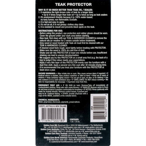 image of label instructions on back of the Golden care teak Protector bottle