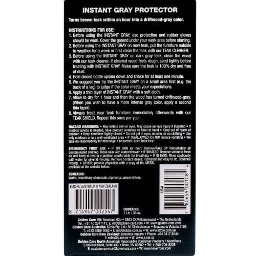 image of label instructions on back of the Golden care Instant Grey bottle