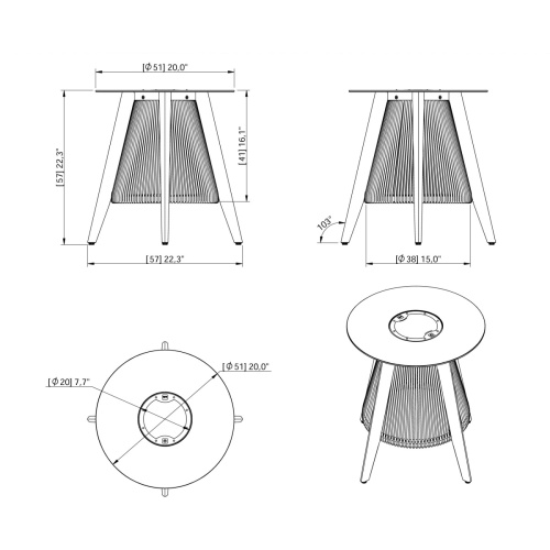14104 Luna Round Side Table showing autocad of side and angled top views on white background