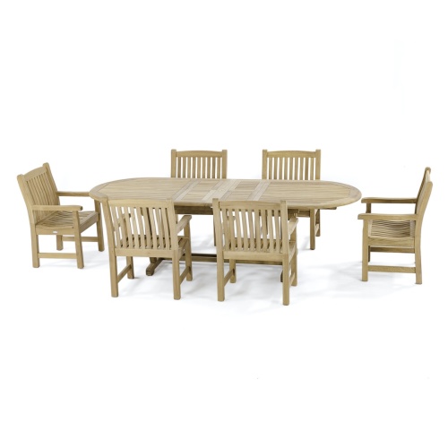 70002 Montserrat 7 piece teak oval Dining Set showing double butterfly leaf extensions expanded on white background