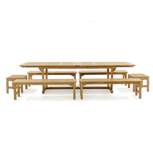 70009 Grand Veranda teak dining table and bench set side profile on white background