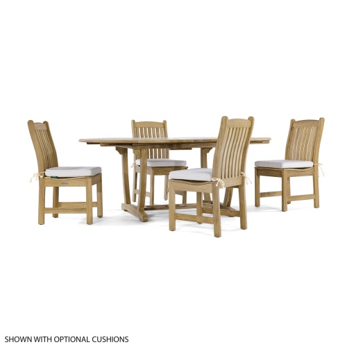 70031 Martinique Veranda 5 piece Dining Set of 4 teak dining side chairs with optional seat cushions and a teak extendable oval dining table angled view on white background