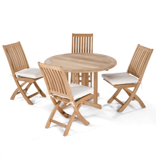 70036 Barbuda teak 5 piece round Dining Set with optional seat cushions angled view on white background