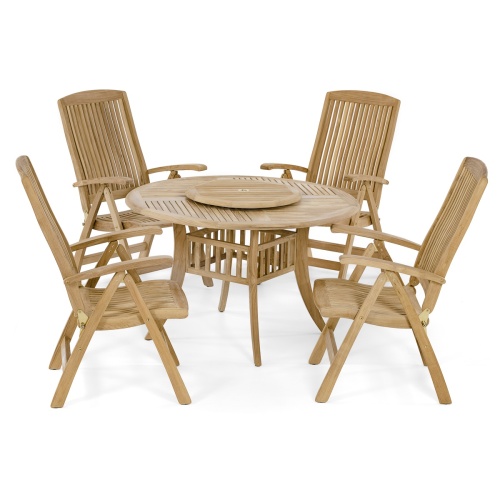 70045 Hyatt Recliner 5 piece round teak Dining Set of 4 teak reclining armchairs and a round 48 inch diameter dining table with optional teak lazy susan angled on white background