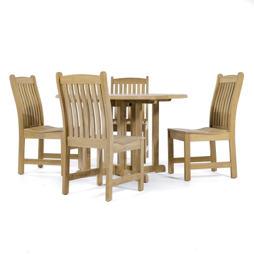 70054 Veranda Barbuda 5 piece Dining Set of 4 teak dining side chairs and 48 inch round dining table side profile on white background 