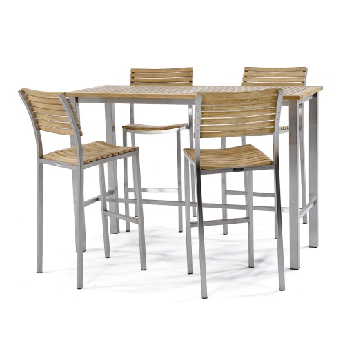 70076 Vogue 5 piece Rectangular Bar Set of 4 teak and stainless steel chairs and rectangular table angled on white background