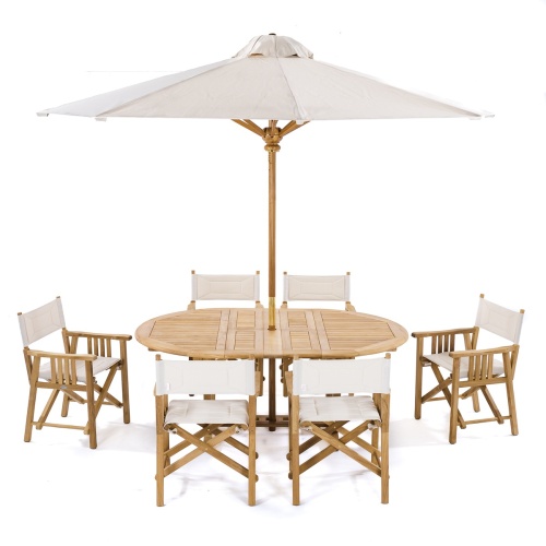 70079 Director Chair 7 piece Oval Dining Set side view with optional open market umbrella in table on white background