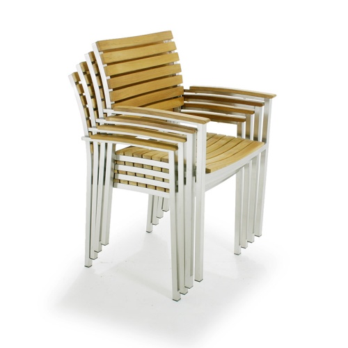 70111 Vogue teak and stainless steel dining armchair stacked 4 high angled on white background