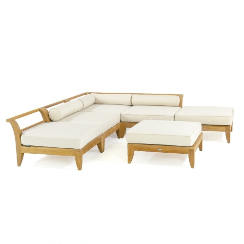 70121 Aman Dais 6 piece teak sectional set side angled view with cushions on white background