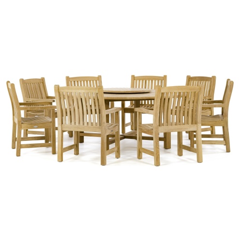 70173 Buckingham nine piece teak Dining Set with optional teak lazy susan in center of table side view on white background