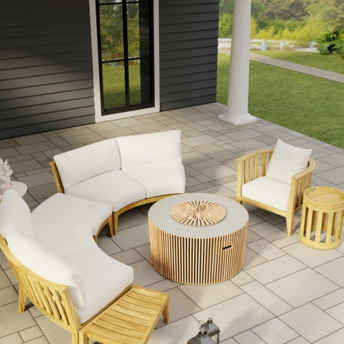 70180 Kafelonia  7 pc Lounge Sofa Set in closeup angled aerial view on patio with house and window in background