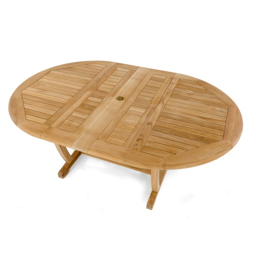 70214 Martinique Teak dining table showing top view extended position and umbrella hole on white background