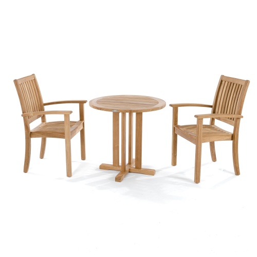 70296 Sussex 3 piece Teak Bistro Set of 2 teak dining armchairs and round 30 inch diameter dining table  side view on white background