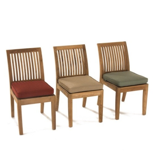 70300 Grand Laguna teak side chair showing 3 chairs with optional custom colored seat cushions on white background