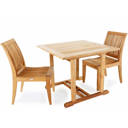 70303 Laguna 3 piece Square Dining Set of square teak dining table and 2 teak dining side chairs angled on white background