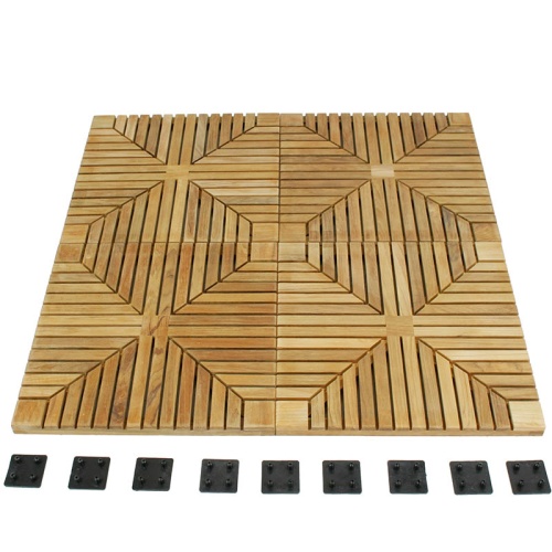  70413 diamond teak tiles showing one carton of four tiles with top and bottom views and nine connectors lined across bottom of display