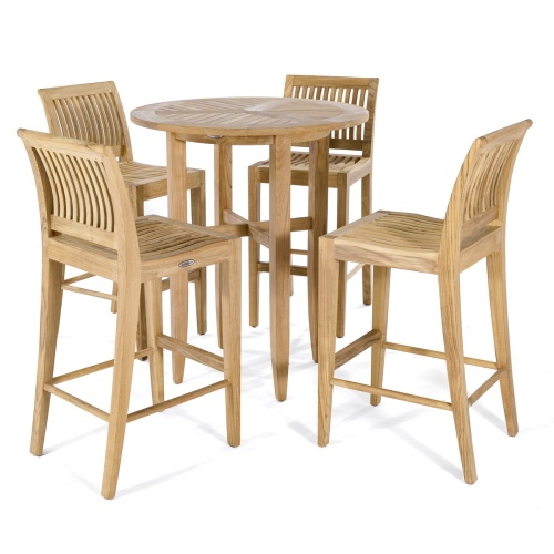 70416 Laguna 5 piece teak High Bar set of four bar stools and round 36 inch diameter bar height table on white background