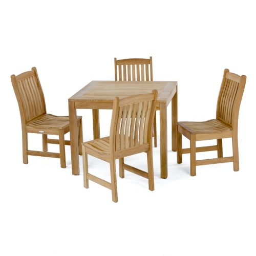 70424  Veranda teak 5 piece square Bistro Set of 4 teak side chairs and 36 inch square dining table on white background