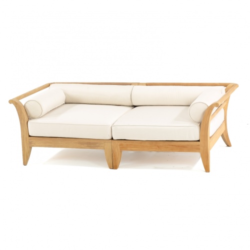 70429 aman dais teak two piece loveseat set showing two corner sectionals with bolsters and cushions front angle on white background