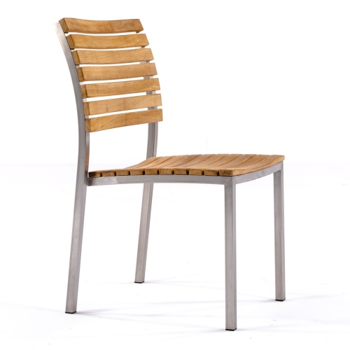 70443 Vogue teak and stainless steel square dining side chair angled left side on white background