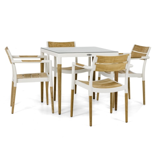 70448 Bloom 5 piece Dining Set of a 32 inch square teak and powder coated aluminum dining table with glass top and 4 dining armchairs on white background