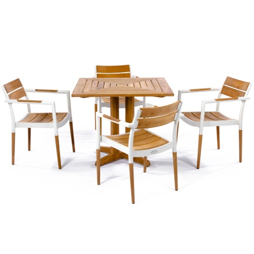 70452 Bloom Pyramid Bistro Dining Set of 4 Bloom teak and powder coated aluminum dining chairs and Pyramid 36 inch square teak dining table on white background