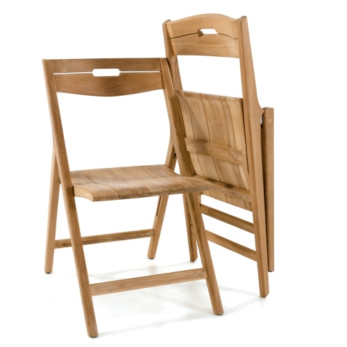 11916 Surf Chair showing 2 teak folding side chairs one folded leaning on open folding side chair on white background