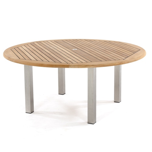 70485 Vogue teak and stainless steel dining table side angled view on white background