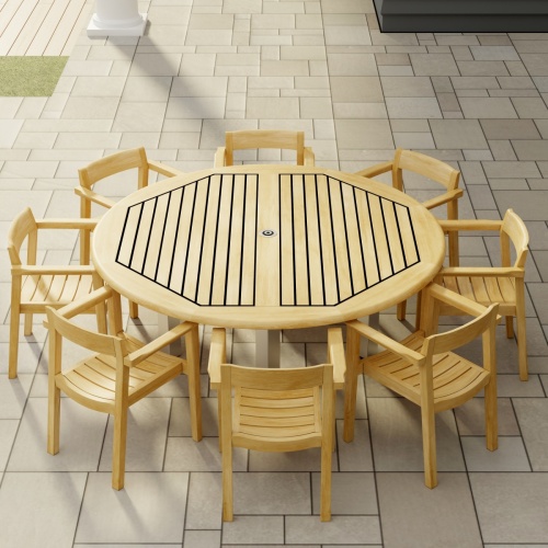 70487 Horizon Vogue Teak Dining Set for 8 of Vogue 6 ft Round Dining Table and 8 Horizon Dining Chairs aerial view of table top on tiled patio 