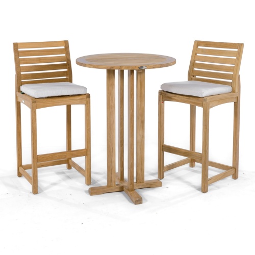 70499 Somerset 3 piece Bistro Teak Bar Set with optional seat cushions on white background