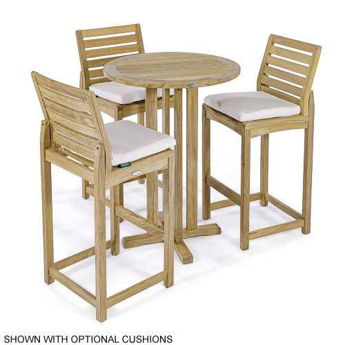 70502 Somerset 4 piece teak Bistro Bar Set of 3 barstools and Bar Table with optional cushions aerial view on white background