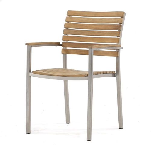70548 Vogue and Surf teak and stainless steel dining armchair set left side angled front facing view on white background