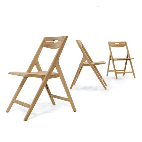 70589 Vogue Surf teak folding side chair showing 3 chairs showing in rear view side view and front angled view on white background